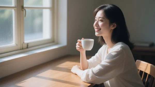 Jeune femme souriante assise à un bureau, regardant par la fenêtre ensoleillée, une tasse de café à la main, atmosphère détendue