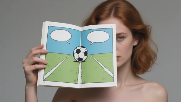 Main ouverte montrant deux chemins dessinés sur une page de bande dessinée, un ballon de foot au milieu, style case de BD avec bulles vides
