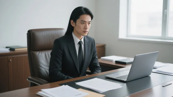 Avocat en costume sombre, assis à son bureau, entouré de dossiers juridiques et d'un ordinateur portable, lumière naturelle traversant une fenêtre, expression sérieuse et déterminée