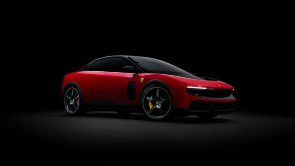 Vue de profil de la Ferrari Luce, soulignant son design moderne et ses lignes aérodynamiques.