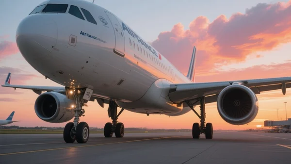 Avion d'Air France-KLM sur le tarmac d'un aéroport au coucher du soleil, train d'atterrissage visible, ciel orange et rose en arrière-plan
