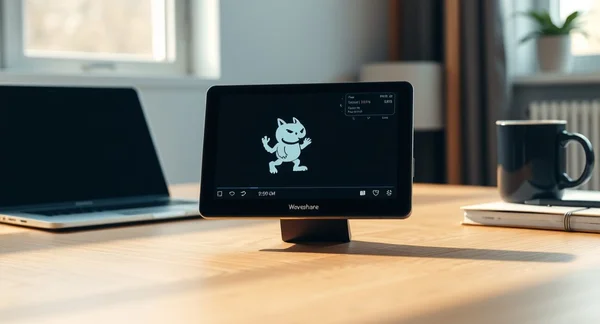 Écran Waveshare affichant un chat cartoon sur un bureau.