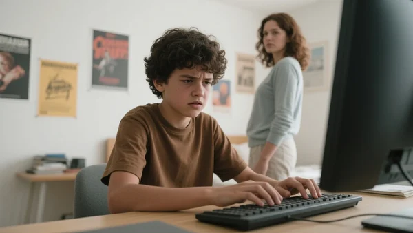 Adolescent assis à un bureau, mains sur le clavier, expression contrariée, parent derrière lui regardant par-dessus son épaule, chambre d'adolescent avec posters au mur