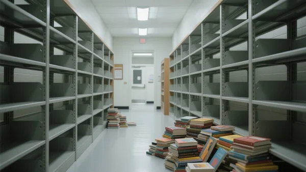 Étagères de bibliothèque scolaire américaine avec des sections vides et des livres empilés au sol, lumière froide d'un couloir d'école, ambiance austère