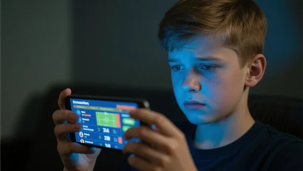 Gros plan sur un adolescent utilisant son smartphone dans sa chambre, écran affichant une interface colorée de paris sportifs, éclairage bleuté, visage concentré et soucieux