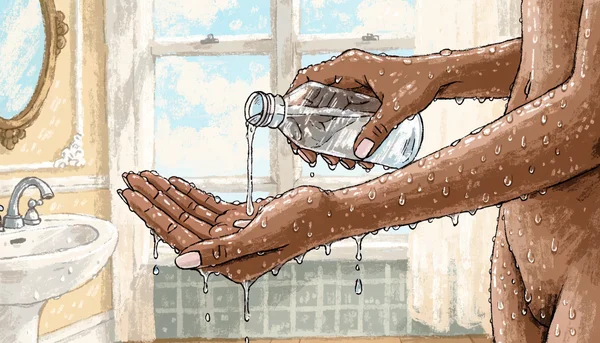 Gros plan sur une main versant un savon liquide neutre et transparent dans la paume de l'autre main, avec des gouttes d'eau fraîches