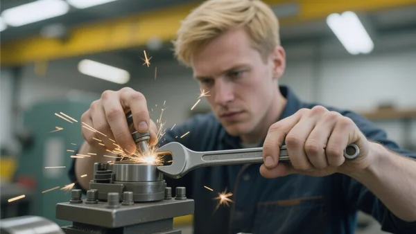 Plan serré sur les mains d'un ouvrier ajustant une pièce métallique sur une machine-outil dans un atelier, étincelles légères, éclairage industriel jaune, visage concentré en arrière-plan flou