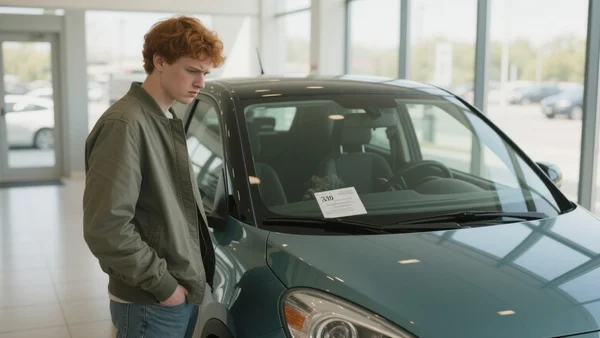 Jeune conducteur devant une voiture citadine dans une concession, regardant le prix affiché sur le pare-brise, expression perplexe, lumière naturelle du jour