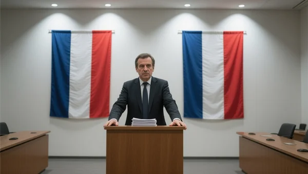 Jean-Luc Mélenchon debout à un pupitre, feuilles de papier devant lui, regard déterminé, salle de conférence sobre avec drapeaux français en arrière-plan, éclairage de projecteurs