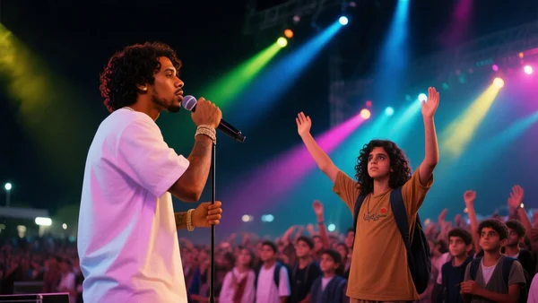 Scène de concert avec un rappeur sur scène, micro à la main, projecteurs colorés, foule de jeunes étudiants levant les bras, ambiance nocturne