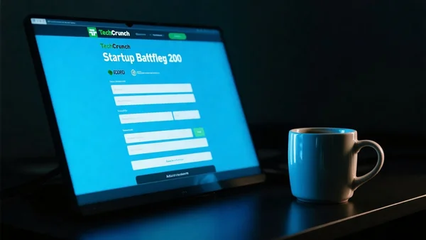Vue rapprochée d'un écran d'ordinateur affichant le formulaire de candidature TechCrunch Startup Battlefield 200, avec une tasse de café à côté, lumière bleutée de l'écran dans une pièce sombre
