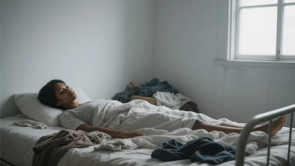 Femme allongée sur un lit, regard vide, lumière grise traversant une fenêtre, chambre en désordre, atmosphère lourde et mélancolique