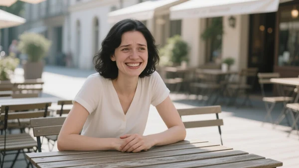 Portrait d'une personne souriant nerveusement devant un café en terrasse, mains posées sur une table en bois, lumière naturelle du jour