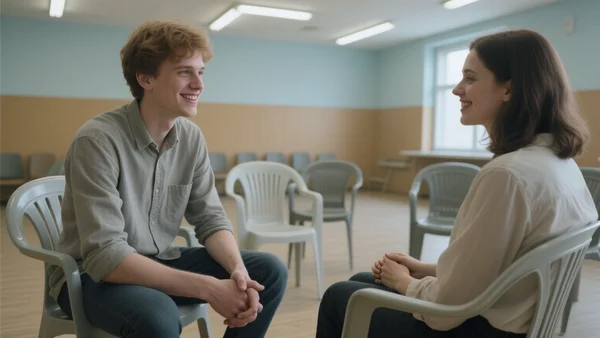 Groupe de jeunes hommes et femmes assis en cercle sur des chaises en plastique dans une salle communautaire, échangeant des sourires timides, lumière fluorescente, ambiance chaleureuse et informelle