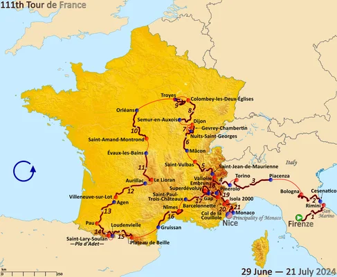 Carte officielle du parcours du Tour de France 2024.