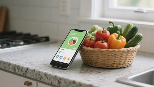 Smartphone posé sur un plan de travail de cuisine affichant l'interface d'une application anti-gaspi, à côté d'un panier de légumes frais, lumière naturelle de jour