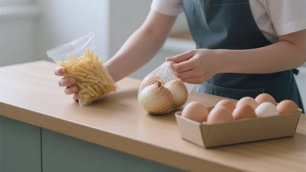 Mains d'étudiant tenant un sachet de pâtes, un filet d'oignons et une boîte d'œufs sur un plan de travail en bois, lumière naturelle