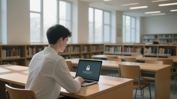 Étudiant assis devant un ordinateur portable dans une bibliothèque universitaire, regardant un écran avec une alerte de sécurité, lumière naturelle