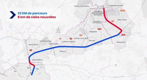 Tracé du CDG Express entre Paris-Est et l'aéroport Charles de Gaulle, avec 32 km de voie ferrée dont 8 km de voies nouvelles.