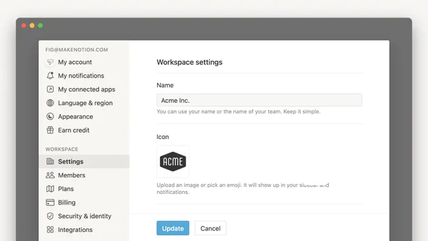 Interface des paramètres de l'espace de travail Notion avec le nom Acme Inc. et un logo hexagonal