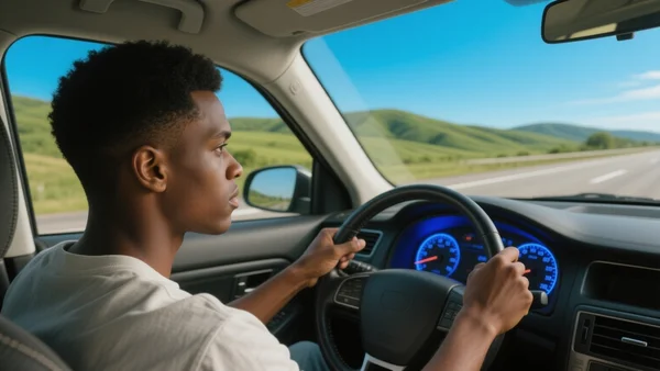 Jeune conducteur regardant le compteur de vitesse d'une voiture sur une autoroute dégagée, tableau de bord éclairé en bleu, paysage défilant derrière la vitre