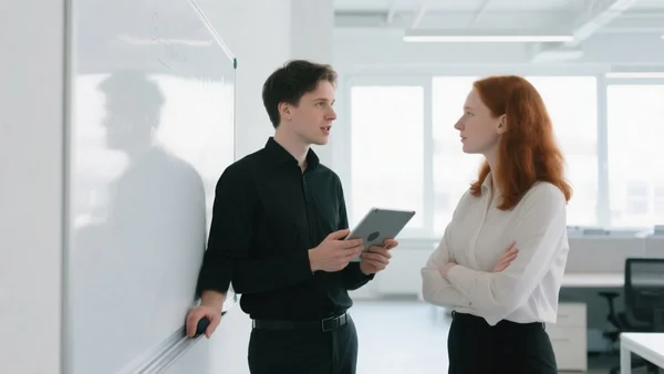 Deux jeunes salariés discutant devant un tableau blanc dans un open space moderne, l'un tenant une tablette, lumière naturelle