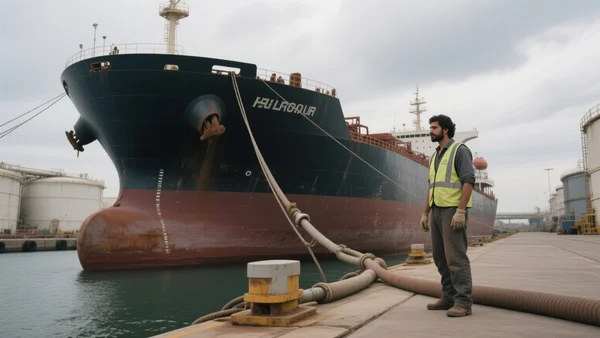 Pétrolier géant amarré à un terminal portuaire, tuyaux de déchargement de carburant reliant le navire aux cuves de stockage, ciel nuageux, ambiance industrielle