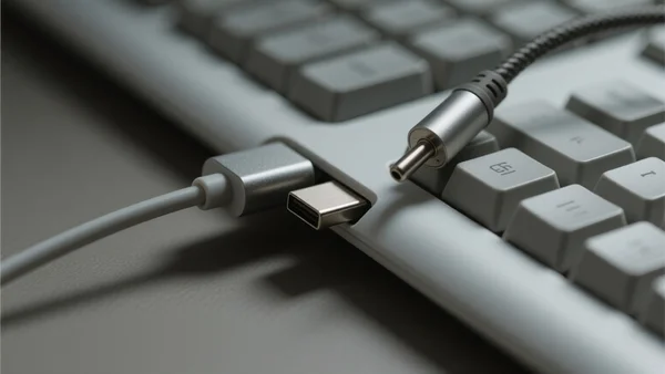 Gros plan sur le port USB-C intégré au clavier Logitech, avec un câble de charge et une prise casque filaire branchés simultanément, éclairage tamisé