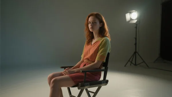Jeune femme assise seule sur une chaise de tournage dans un studio vide, projecteurs éteints, expression pensive, éclairage tamisé
