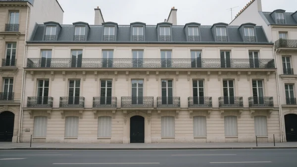 Façade d'un immeuble haussmannien parisien, fenêtres fermées, rue calme, lumière grise d'après-midi, aucun passant visible
