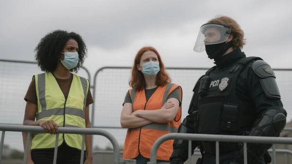 Deux manifestants climatiques portant des gilets de sécurité et des masques, debout devant une barrière métallique, un policier en tenue anti-émeute de l'autre côté, ciel gris et ambiance tendue