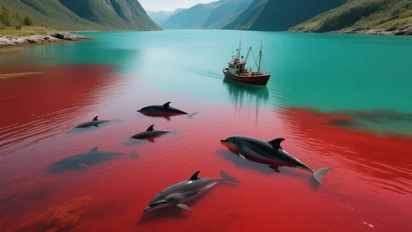 Eau de fjord turquoise se teintant de rouge vif, avec des silhouettes de bateaux de pêche et de nombreux dauphins morts flottant à la surface, vue aérienne dramatique, lumière naturelle crue de l'après-midi