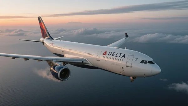 Vue aérienne d'un Airbus A330 de Delta Air Lines en vol au-dessus de l'océan Atlantique, un des deux réacteurs visiblement éteint, ciel crépusculaire nuageux, aile et fuselage argentés en contre-jour