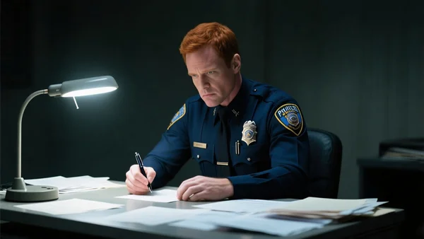 Agent de police en uniforme écrivant à un bureau, une lampe de bureau allumée, papiers éparpillés, atmosphère sombre et sérieuse