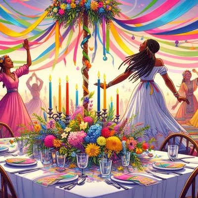 Illustration symbolisant le renouveau et la fertilité lors de Beltane.