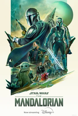 Affiche promotionnelle de The Mandalorian mettant en scène plusieurs personnages principaux.