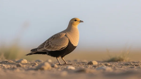 Ganga cata perché sur un sol caillouteux, plumage sable et ventre noir, lumière du matin dans la steppe camarguaise