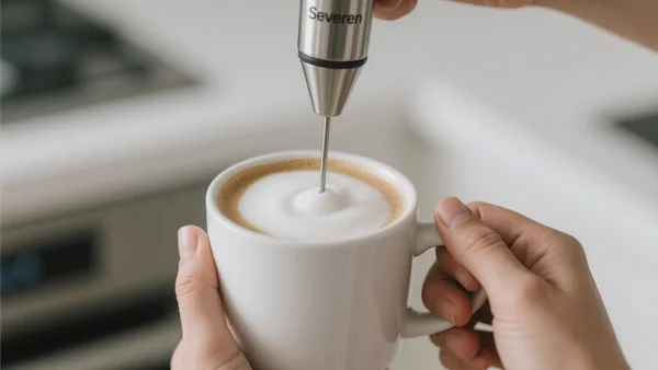Deux mains tenant un mug blanc rempli de café avec une épaisse mousse de lait, l'émulsionneur Severin en inox plongé dans la mousse, plan rapproché sur la texture crémeuse, fond de cuisine flou