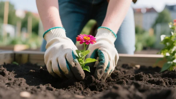 Gros plan sur les mains d'un touriste plantant des fleurs dans un jardin communautaire berlinois, terre sombre et gants de jardinage