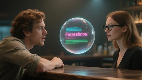 Deux personnes dans un bar, l'une parle, l'autre porte des lunettes connectées, bulle de traduction visuelle entre elles, ambiance tamisée
