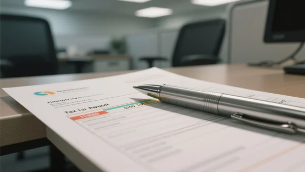 Gros plan sur une facture d'électricité avec un stylo soulignant le montant des taxes, éclairage de bureau