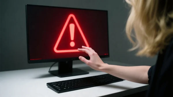 Écran d'ordinateur affichant un message d'avertissement rouge avec un point d'exclamation, main d'un utilisateur suspendue au-dessus du clavier, éclairage tamisé