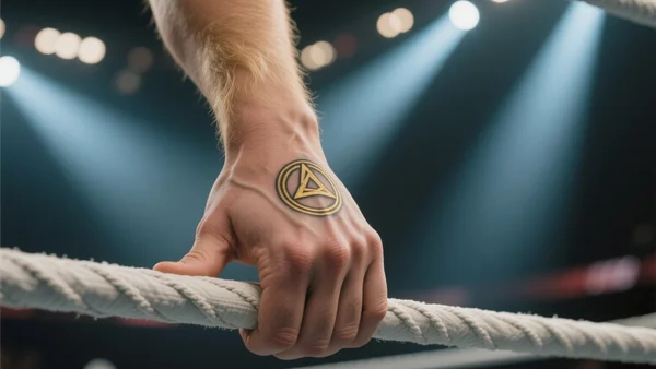 Gros plan sur la main d'un catcheur portant un tatouage doré de la Triforce, fond flou de ring éclairé par des projecteurs