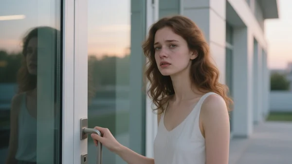 Jeune femme devant une porte vitrée d'un immeuble moderne, main sur la poignée, expression hésitante, lumière douce du soir