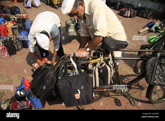 Livraison de boîtes-repas chaudes par un dabbawala à la gare de Churchgate à Mumbai, en Inde.