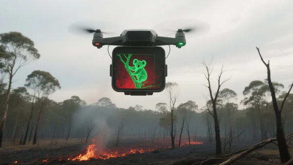 Drone thermique survolant une forêt d'eucalyptus partiellement brûlée, silhouette d'un koala accroché à une branche dans le viseur thermique, ciel couvert, tons verts et rouges du capteur infrarouge