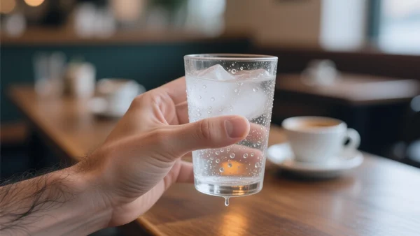 Gros plan sur une main tenant un verre d'eau glacée, des gouttes de condensation perlant sur le verre, fond flou de café