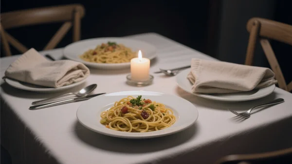 Table de dîner romantique avec deux couverts, bougies chauffe-plat, serviettes en tissu et une assiette de pâtes aglio e olio, lumière tamisée