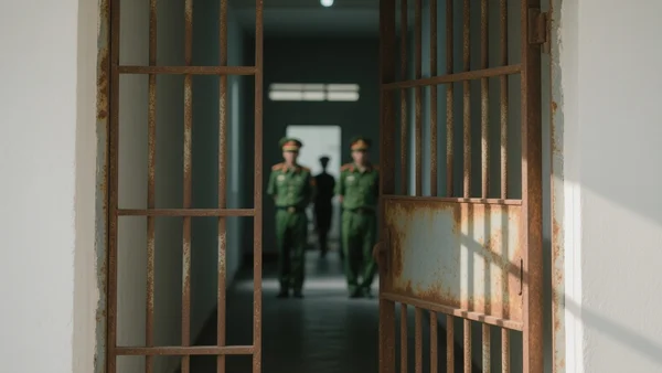 Porte d'une prison vietnamienne en fer rouillé s'ouvrant sur un couloir sombre, gardes en uniforme vert flous en arrière-plan, lumière crue du jour entrant par l'entrebâillement