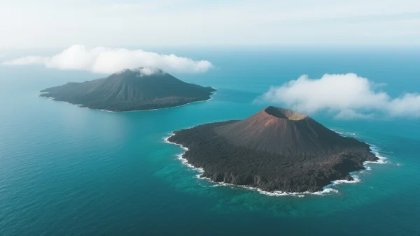 Deux îlots volcaniques émergeant de l'océan Pacifique, vus du ciel, avec des eaux turquoise et des nuages bas
